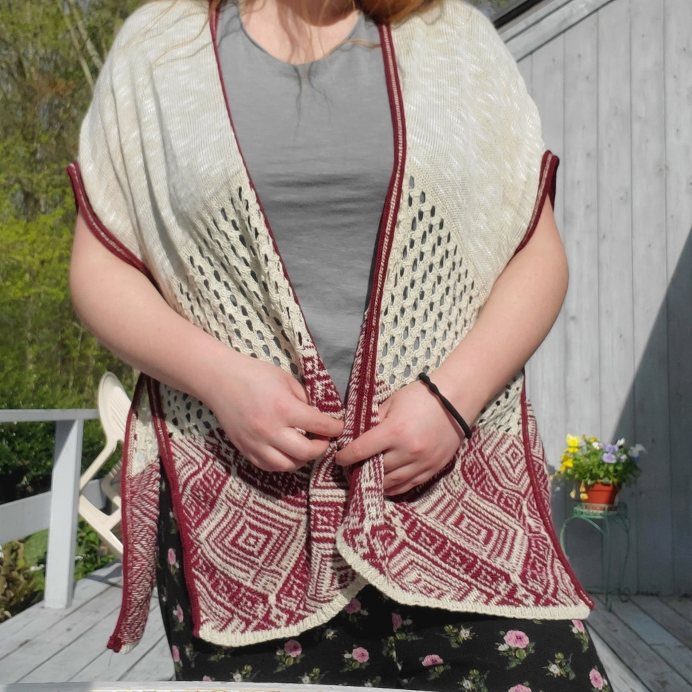 Boho Knit Kimono Wrap | Red & Cream for Layering - Picture 9 of 12